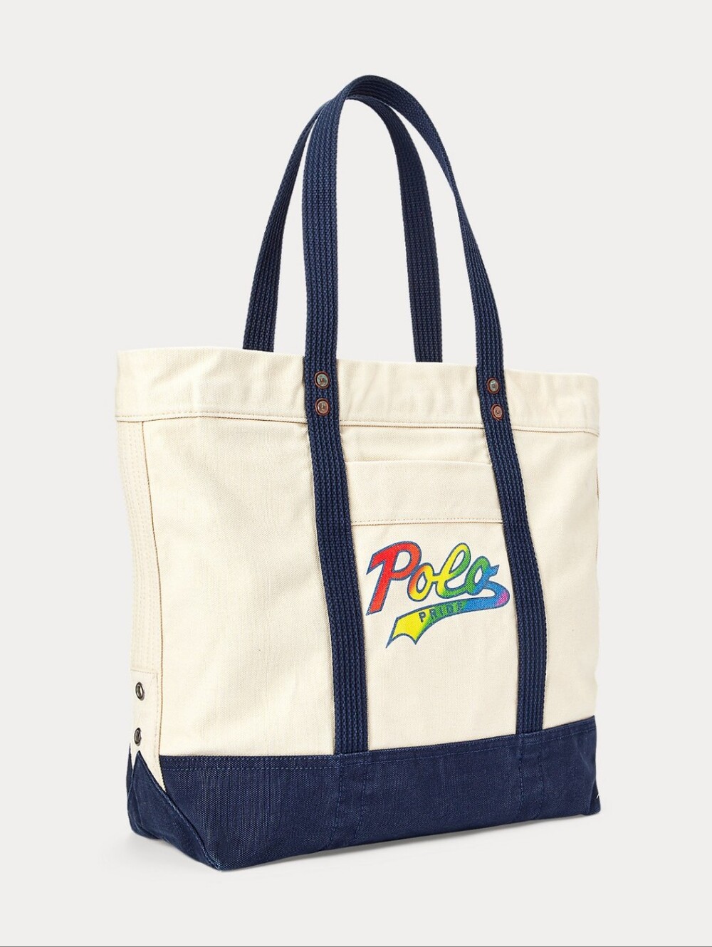 RALPH LAUREN NATURAL CANVAS Pride LARGE LOGO TOTE BAG Cream Blue NWT - Picture 3 of 8